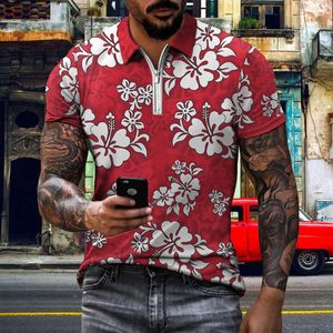 Erkek Polos Yaz Men's Polo Shirt Üst T-Shirt Kısa Kollu Boyun Zipper 3D Baskı Gündelik Hip Hop Hawaiian Çiçek Teması 230621