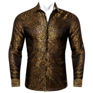 Herrklänningskjortor Barry.Wang 4xl Luxury Gold Paisley Silk Shirts Men Long Sleeve Casual Flower Shirts For Men Designer Fit Dress Shirt BY-0061 230620