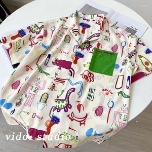 Women's Blouses Retro Graffiti Fairy Cartoon Cute Button Up Shirt Elegant Turn-down Collar Kawaii Unisex Couples Summer Beach Fashion