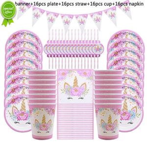 Yeni 65pcs Unicorn Party Malzemeleri Çocuk Doğum Günü Dekorasyonu Tek Kullanımlık Sofra Takımı Kağıt Tabaklar Kupa Banner Bebek Duş Kız Dekor