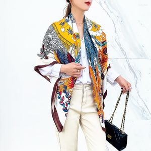 Halsdukar hangzhou porslin 130 cm vår mode phoenix figur kvinnors twill siden halsduk strand solskyddsmedel sjal stor fyrkant