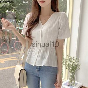 Women's Blouses Shirts Short Chic Tops Summer Puff Sleeve Slim Waist Peplum Lace-Up Bow Tie Ruffled Shirt Blouse Women Top Korean Japan Flhjlwoc Cute J230621