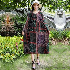 Casual Dresses 2023 National Floral Flower Plaid Linen Dress Women Loose Checkered A-Line Plus Size STORT STEVE O-NECK ÖVERDASTA VESTIDO