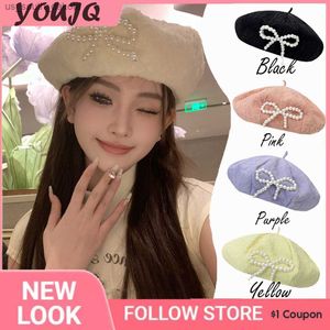 French Vintage Chic Pearl Bowknot Beret Women's Autumn Winter Fashion Versatile Artist Ladies Sweet Hat Gorras L230523