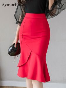 Skirts Fashion Elegant Mermaid Skirt Women Summer Black Red High Waist Slim Office Lady Ruffles Elastic Pencil Skirt Female 230621