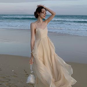 Женские пляжные каникулы спагетти ремешок с оборками сладкий шифоновый тонкий талия Maxi Long Dress Smlxl
