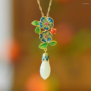 Chains Vintage In Fresh Enamel Magnolia Flower Colorful Necklace Natural An Jade Pendant High-level Clavicle Chain Jewelry