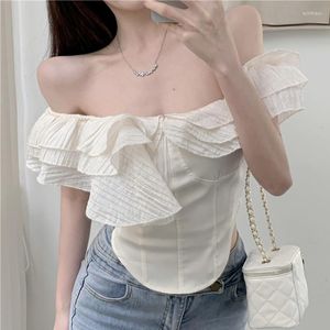 Damenblusen Vintage Slim White Slash Neck Shirt Frauen Sommer Elegant Rüschen Sexy Off Shoulder Bluse Flying Sleeve Cropped Tops Lady