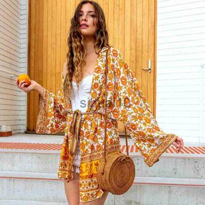 Bluzki damskie koszule teelynn damskie bluzka bluzka boho i koszula żółty kwiatowy nadruk kimono Summer bluzki na plażę noszenie bluzki hipis bluzka Blusa J230621