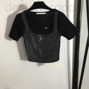 Women's T-Shirt designer 23ss brand women Knitted short sleeve Sparkly hot drill square collar short-sleeved sweater top High quality womens clothes