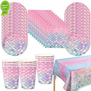 New 53Pcs/set Little Mermaid Party Disposable Tableware Paper Plate Cup Napkin Tablecloth Kids Mermaid Birthday Decoration Supplies