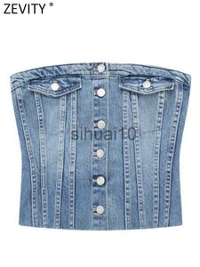 Blusas Femininas Camisas Zevity Feminino Sexy Strapless Corset Estilo Denim Blusa Curta Feminina Camisa Feminina Elástica nas Costas Slim Blusas Chic Crop Tops LS4265 J230621