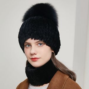 Women Warm Real Rex Rabbit Fur Hat + Zestaw szalika dzianinowy zewnętrzny kołnierz narciarski Tash