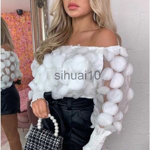 Women's Blouses Shirts Sexy Off Shoulder womens tops and blouses 2020 Mesh Sheer Puff Sleeve Tops Summer 3D Flower Vintage White Women Shirt Blouse J230621