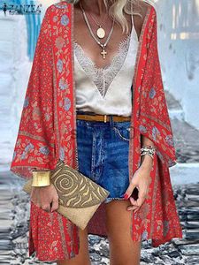 Bluzki damskie koszule vintage otwarta przednia koszula wakacyjna Zanzea Bohemian Summer Women Floral Printed Bluzka z długim rękawem Kimono Tunik Tops Beach Cardigan J230621