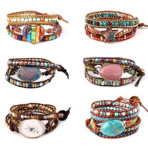 Bangle Vintage Bohemian красочный натуральный каменный браслет с длинной регулируемой кожаной пленкой из бисера браслетов для женщин модные украшения подарка 230620