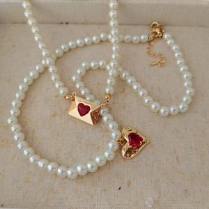Pendant Necklaces Red Cz Stone Heart Envelope Necklace For Women Pearl Beaded Y2k Jewelry Cute Kawaii 2000s Aesthetic Fashion