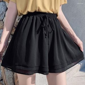 Shorts feminino 2023 verão chiffon coreano senhoras dupla camada cintura alta perna larga casual saia solta curta para mulheres