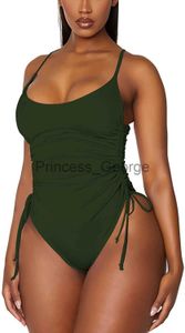 Women's Plus Size Swimwear Women Casual Swimsuit Ushape Collar Sleeveless Pleated Backless Sling Drawstring Solid Color Bikini Suit For Summer Beach x0621
