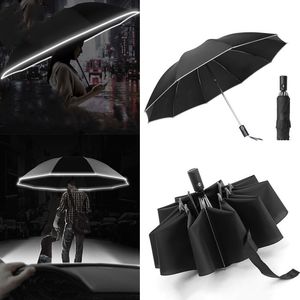 Paraplyer Automatiskt paraply med reflekterande rand Omvänd LED -ljus Academy 10 Ribs 3Folding Invertered 230621