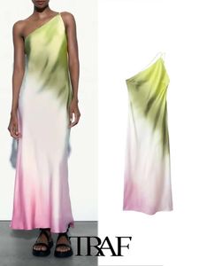 Basic Casual Dresses TRAF Women Dress Fashion Asymmetric One Shoulder Sleeveless Texture Tie Dye Printing Dress Woman Lady Female Dress 230620