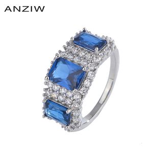 Solitaire Ring Anziw Sterling Silver Radiant Cut 5*7mm Lab Created Sapphire Fashion Classic Three Stones Ring For Women Jewelry Gifts 230620