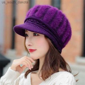 New Fashion Women's Beret Hats Rabbit Hair Knitted Female Winter Warm Black Red Purple Cap L230523