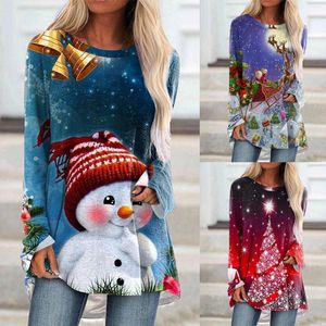 Damen-T-Shirts Med Womens Daily Christmas Tree Print Rundhals-Shirt O-Tops Langarm-Rundfrauen-Spitzenblusen