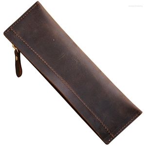 Vintage Leather Pencilcase Zipper Pen Holder Portable Handmade Cowhide Pencil Case For Writing Matreials Stationery Storage Gift