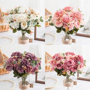 Decorative Flowers Artificial Flower Rose Bouquet Hydrangea DIY Arranging Home Decor Bride Holding Fake Wedding Decoration Accessorie