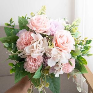 Dried Flowers Spring Artificial Rose Hydrangea Hibiscus Bouquet Wedding Table Decoration Bride Holding Fake Flower Home Party Supplies