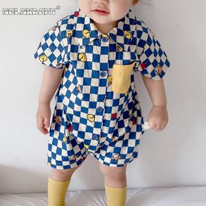 Strampler Sommer im niedlichen geborenen Baby Jungen Kurzarm Plaid Cartoon Print Strampler Overalls Kinder Säuglingsbaumwollkleidung 230620