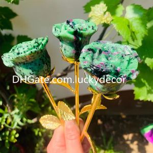 Natural Ruby in Zoisite Flower Carving Home Decor Collection Vacker Anyolit Quartz Crystal Precious ädelsten Rose Floral Blossom Plant Prov Romantisk gåva