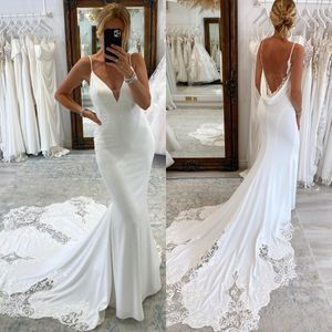 Elegant Mermaid Dresses Spaghetti Satin Wedding Dress with lace sweep train Appliques Backless wedding bridal gowns