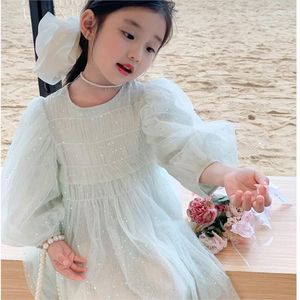 Flickaklänningar Girls 'Green Lace Dress Arrival Children's Long Sleeve Princess Creative Baby Cute Mortile Mesh 1st LE554