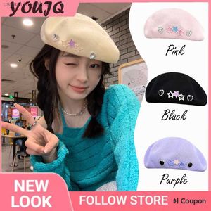 Y2K Sweetheart Girl Star Beret Design Rhinestone Painter Cap Cak Mash Mash