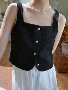 Women's Vests Sweet Women Chic Metal Button Tweed Short Vest Fashion Green Sleeveless Jacket Top 2023 Summer Tide Square Neck Tops Y147