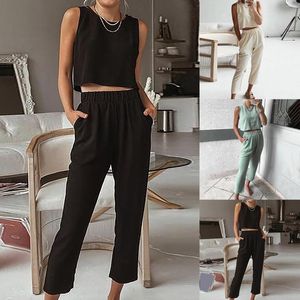 Women's Pants Summer 2023 Women Cotton Linen Pant Set Crop Tops Solid Outfits 2 Two Piece Matching Fashion Sleeveless Casuals Tank