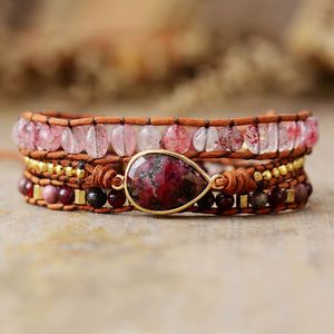 Bangle Rose 3 Strand Teardrop Wrap Bracelets Natural Stones Quartz Beaded Leather Cord Braclet Women Sisters Bohemia Jewelry Bijoux 230620