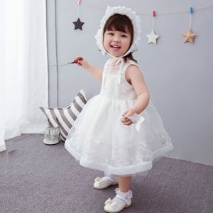 Abito da bambino con cappello Abito da battesimo senza maniche in tulle di pizzo per bambini Abbigliamento formale per neonate