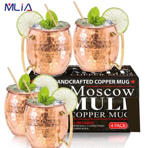 Tumblers MLIA 550ml 8 Ounces Hammered Copper Plated Moscow Mule Mug Beer Coffee Cup Pure Solid with 4 Straws 230621