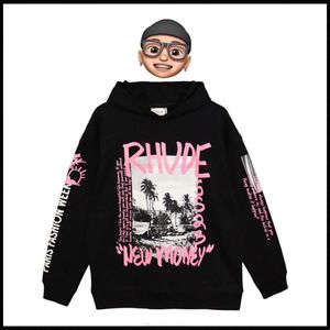 Designerskie odzież męskie bluzy bluzy 22SS Nowy amerykański Rhude w trudnej sytuacji krajobraz druk szum z kapturem luźne para płaszcza streetwear