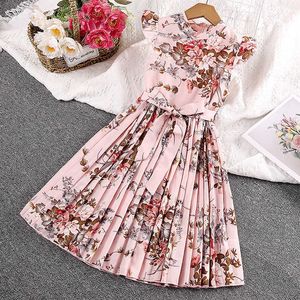 Vestidos para meninas Crianças Vestido com estampa floral para meninas 2023 verão com decote em O sem mangas casual saia evasê com cinto roupas de chiffon para crianças de 5 a 12 anos AA230531