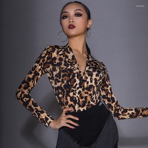 Stage Wear 2023 Women Latin Dance Clothes Sexy V-Neck Leopard Tops Long Sleeved Practice Competition Dress DQS6344