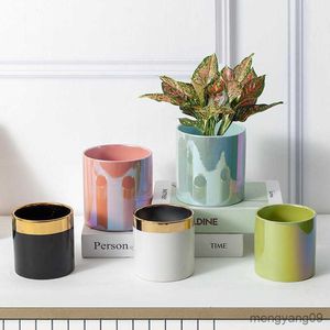 Planters Pots Modern Simple Indoor Flowerpot Straight Tube Nordic Cylindrical Ceramics Light Luxury Golden Flowers Green Roses Potted R230621