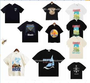 2023 Luxury RhudesクラシックメンズとレディースTシャツヒップホップチャンピオンフラグ印刷夏の通気性汎用性の高いハイストリートトレンドティー