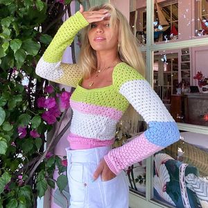 Women's T-Shirt Doury Autumn Stiped Patchwork Sweaters Crochet Pullovers Long Sleeve Square Collar Knitted Crop Tops Fashion 90s Y2k Tops 230620