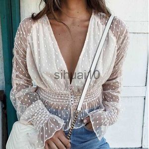 Women's Blouses Shirts women 2019 summer mesh sheer elegant blouses female holiday long sleeve transparent see through deep v neck sexy blouse shirts J230621