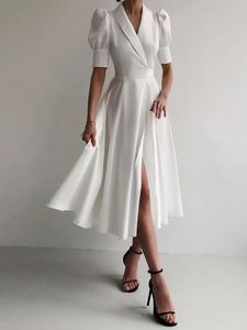 Basic Casual Dresses Elegant Women Swing Dresses Celmia Fashion Celebrities Puff Sleeve Waisted Dress Satin Suit Collar Club Party Midi Vestidos 230620