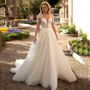 Ivory Wedding Dress With Long Sleeve Bead Lace Appliques Bridal Gown Jewel Neck Tulle Bohemian Robe De Mariee Sweep Train 407